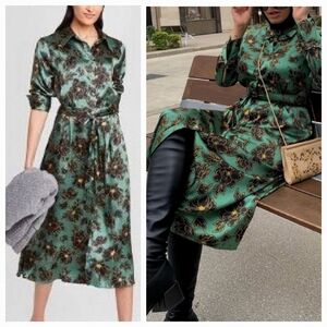 Who What Wear Green Satin Shirt Dress XXL Midi Long Sleeve Floral Office Casual